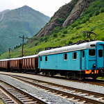 A sturdy, older electric freight train, with several cargo wagons, moving slowly through a mountainous, rugged landscape. The train engineer, fully clothed in practical, modest work attire, is visible in the cab. The train tracks are aged but functional, winding through a valley with sparse, utilitarian industrial buildings in the distance. The sky is overcast, conveying a sense of enduring effort. Professional photography, high detail, realistic lighting, perfect anatomy, correct proportions, natural pose, well-formed hands, proper finger count, natural body proportions. safe for work, appropriate content, fully clothed, modest clothing, family-friendly.