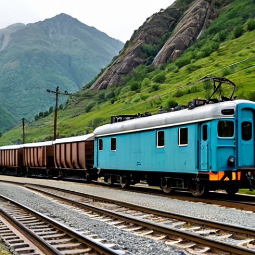 A sturdy, older electric freight train, with several cargo wagons, moving slowly through a mountainous, rugged landscape. The train engineer, fully clothed in practical, modest work attire, is visible in the cab. The train tracks are aged but functional, winding through a valley with sparse, utilitarian industrial buildings in the distance. The sky is overcast, conveying a sense of enduring effort. Professional photography, high detail, realistic lighting, perfect anatomy, correct proportions, natural pose, well-formed hands, proper finger count, natural body proportions. safe for work, appropriate content, fully clothed, modest clothing, family-friendly.