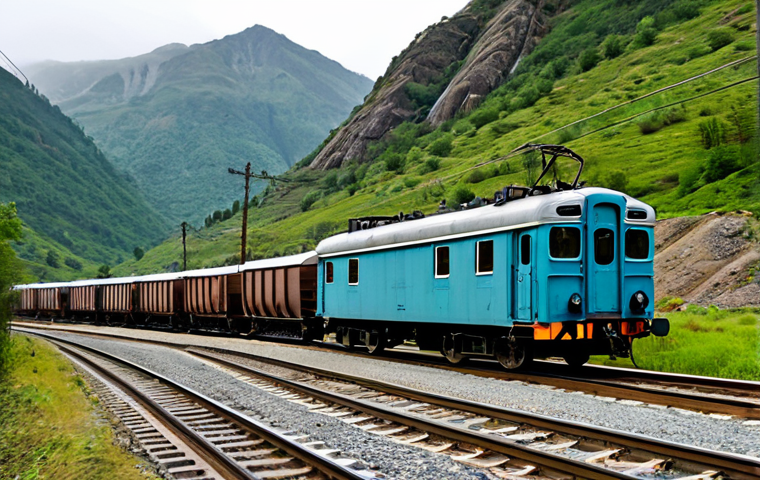 A sturdy, older electric freight train, with several cargo wagons, moving slowly through a mountainous, rugged landscape. The train engineer, fully clothed in practical, modest work attire, is visible in the cab. The train tracks are aged but functional, winding through a valley with sparse, utilitarian industrial buildings in the distance. The sky is overcast, conveying a sense of enduring effort. Professional photography, high detail, realistic lighting, perfect anatomy, correct proportions, natural pose, well-formed hands, proper finger count, natural body proportions. safe for work, appropriate content, fully clothed, modest clothing, family-friendly.