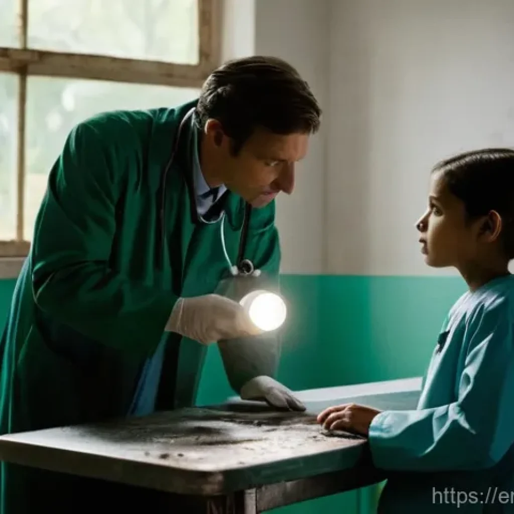 북한의 의료체계 병원과 약품 부족 문제 - **Prompt: Dilapidated Hospital Examination**
"A candid, realistic photograph of a male doctor in...