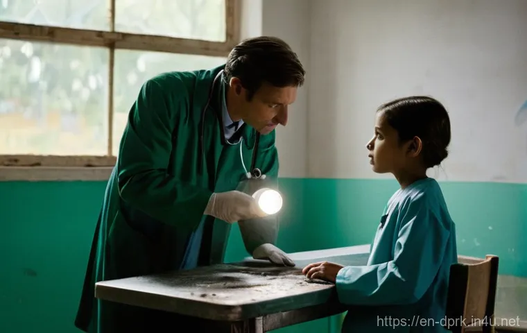 북한의 의료체계 병원과 약품 부족 문제 - **Prompt: Dilapidated Hospital Examination**
"A candid, realistic photograph of a male doctor in...