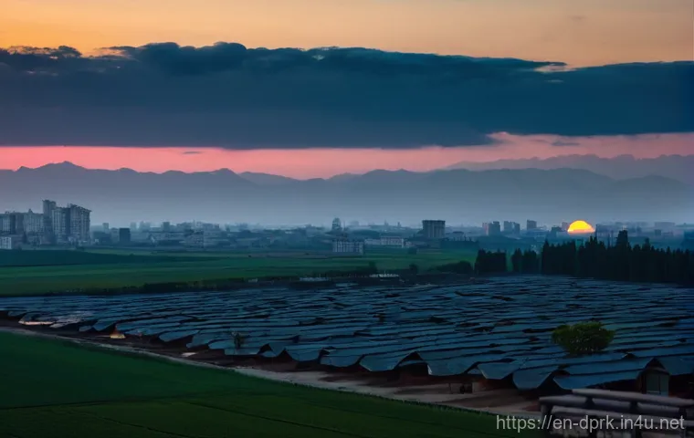 북한의 에너지 전력 부족과 대책 - **Prompt:** A wide, atmospheric shot contrasting urban and rural resilience. In the foreground, a bu...