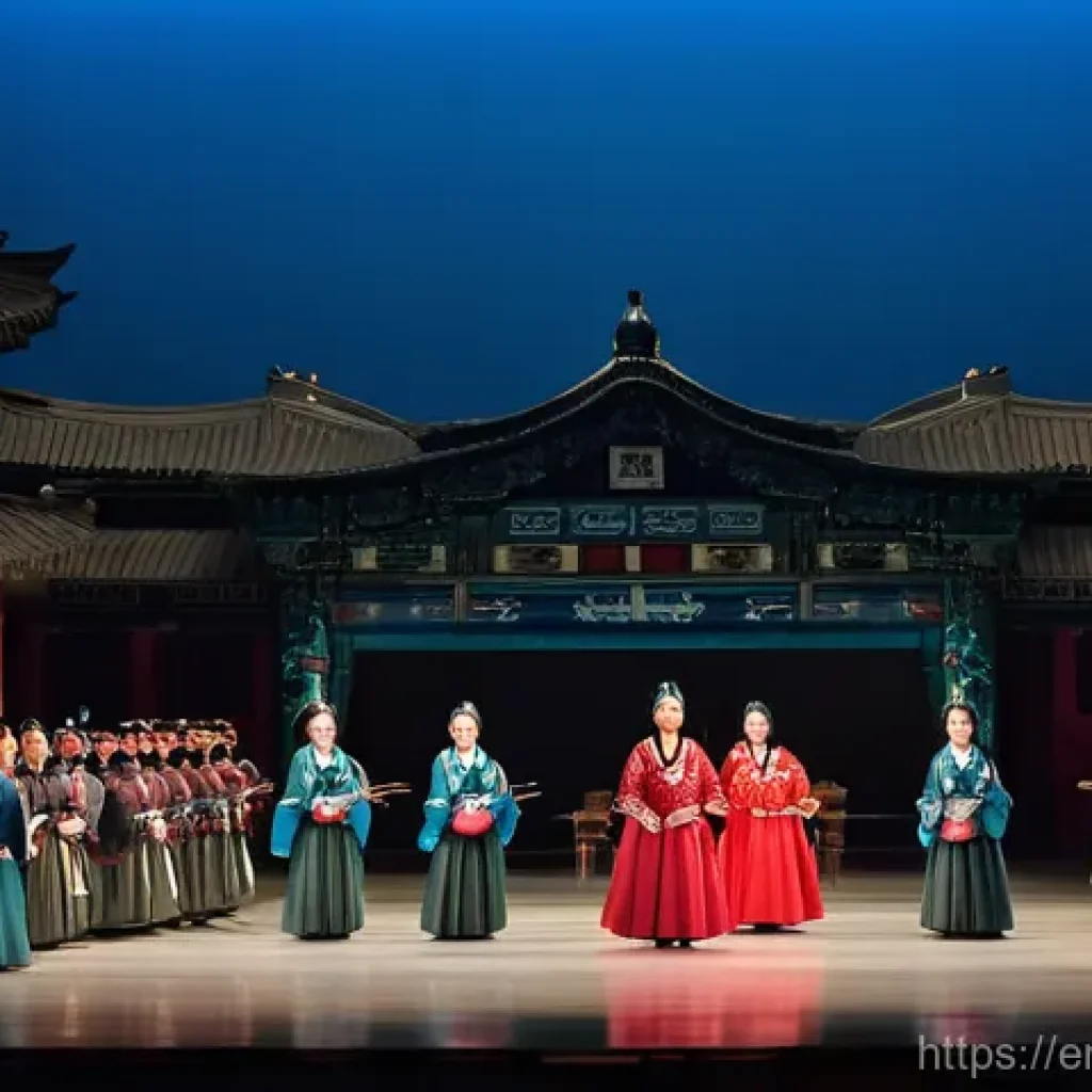 북한 예술 혁명 오페라와 노래 - **Revolutionary Opera Grandeur: "Sea of Blood" Performance**
A wide shot of a lavishly decorated...