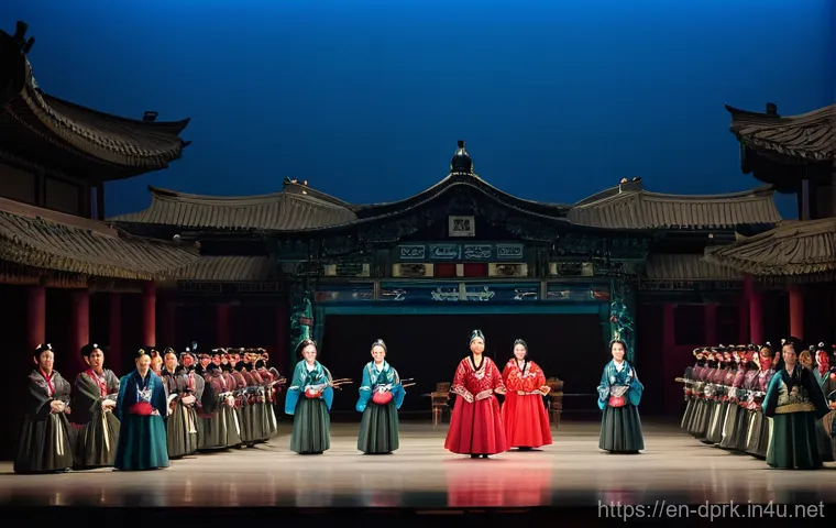 북한 예술 혁명 오페라와 노래 - **Revolutionary Opera Grandeur: "Sea of Blood" Performance**
A wide shot of a lavishly decorated...