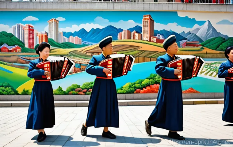 북한 예술   혁명 오페라와 노래 - **Revolutionary Opera Grandeur: "Sea of Blood" Performance**
    A wide shot of a lavishly decorated...