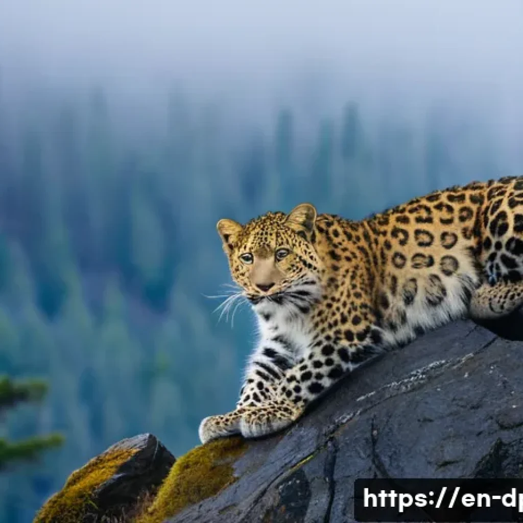 북한의 생태계 멸종 위기 동식물 보호 - A serene mountainous forest scene showcasing an elusive Amur leopard perched gracefully on a rocky c...