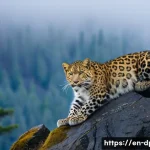 Home 20 북한의 생태계 멸종 위기 동식물 보호 - A serene mountainous forest scene showcasing an elusive Amur leopard perched gracefully on a rocky c...