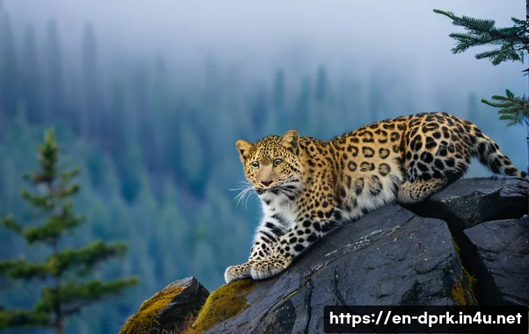 북한의 생태계   멸종 위기 동식물 보호 - A serene mountainous forest scene showcasing an elusive Amur leopard perched gracefully on a rocky c...