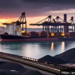 Home 19 북한의 교역품 주요 수출입 상품 - A detailed industrial port scene at dusk showing large cargo ships unloading coal and iron ore onto ...