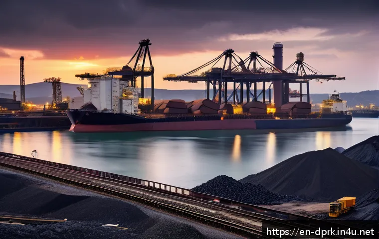 북한의 교역품   주요 수출입 상품 - A detailed industrial port scene at dusk showing large cargo ships unloading coal and iron ore onto ...