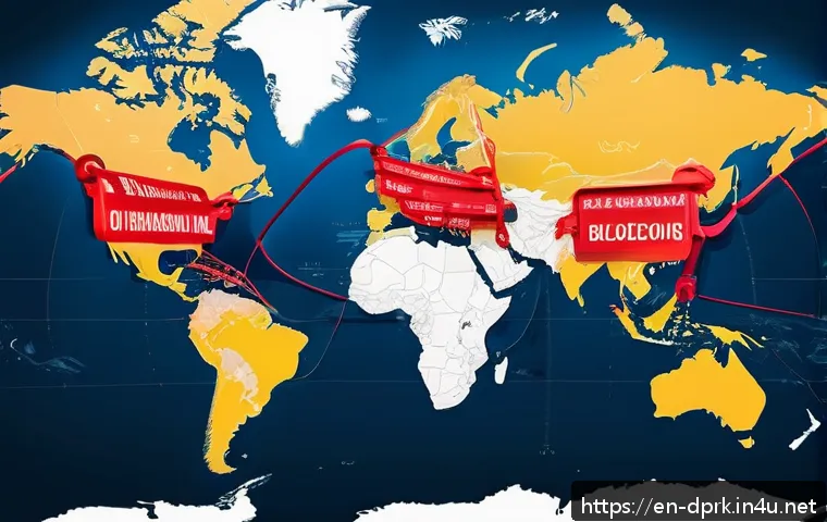 북한의 국제 제재   유엔 결의와 영향 - A detailed illustration of a global financial network under heavy sanctions, showing a darkened, res...