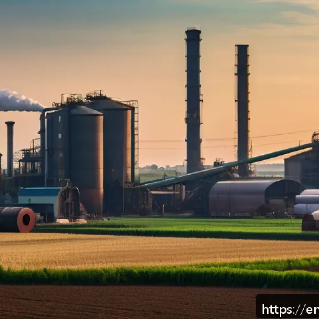 북한의 화학 산업   비료와 화합물 생산 - A sprawling industrial chemical manufacturing complex set in a rural agricultural region, featuring ...