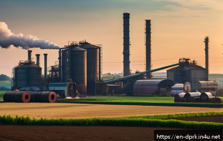 북한의 화학 산업   비료와 화합물 생산 - A sprawling industrial chemical manufacturing complex set in a rural agricultural region, featuring ...