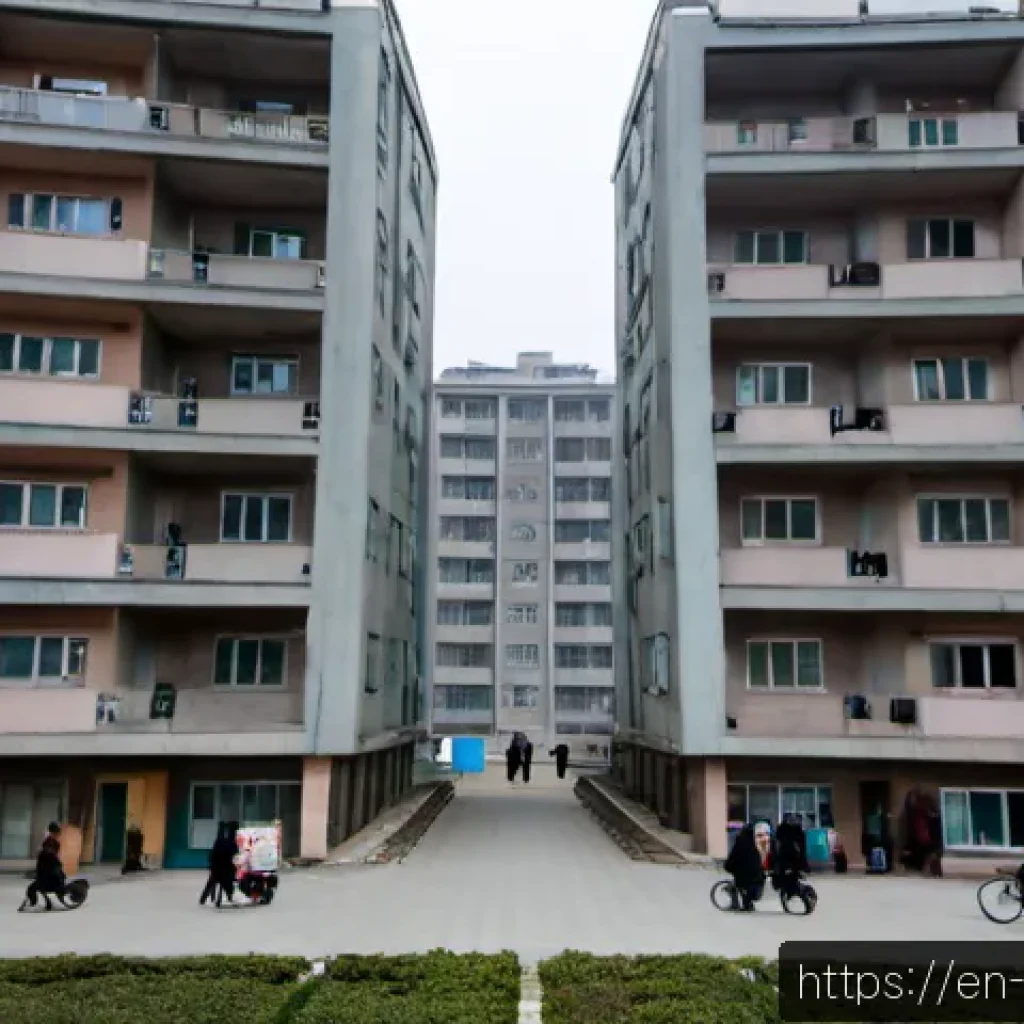 북한의 주거 형태   공동주택 구조 - Photorealistic documentary-style exterior of a North Korean communal apartment complex in Pyongyang,...
