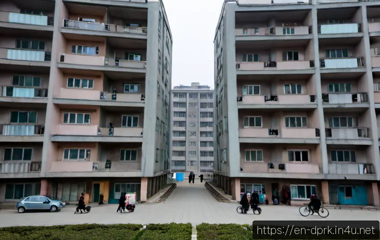 북한의 주거 형태   공동주택 구조 - Photorealistic documentary-style exterior of a North Korean communal apartment complex in Pyongyang,...