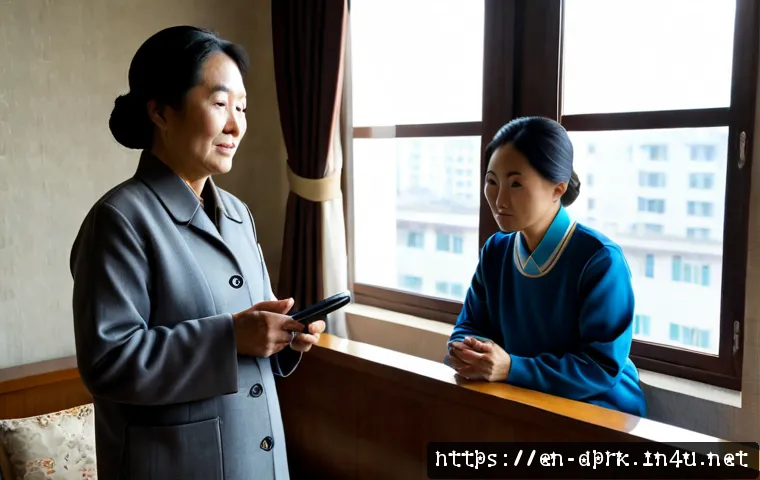 북한의 휴대전화   보급률과 기능 - Photorealistic documentary-style scene inside a modest urban apartment in Pyongyang, a middle-aged E...